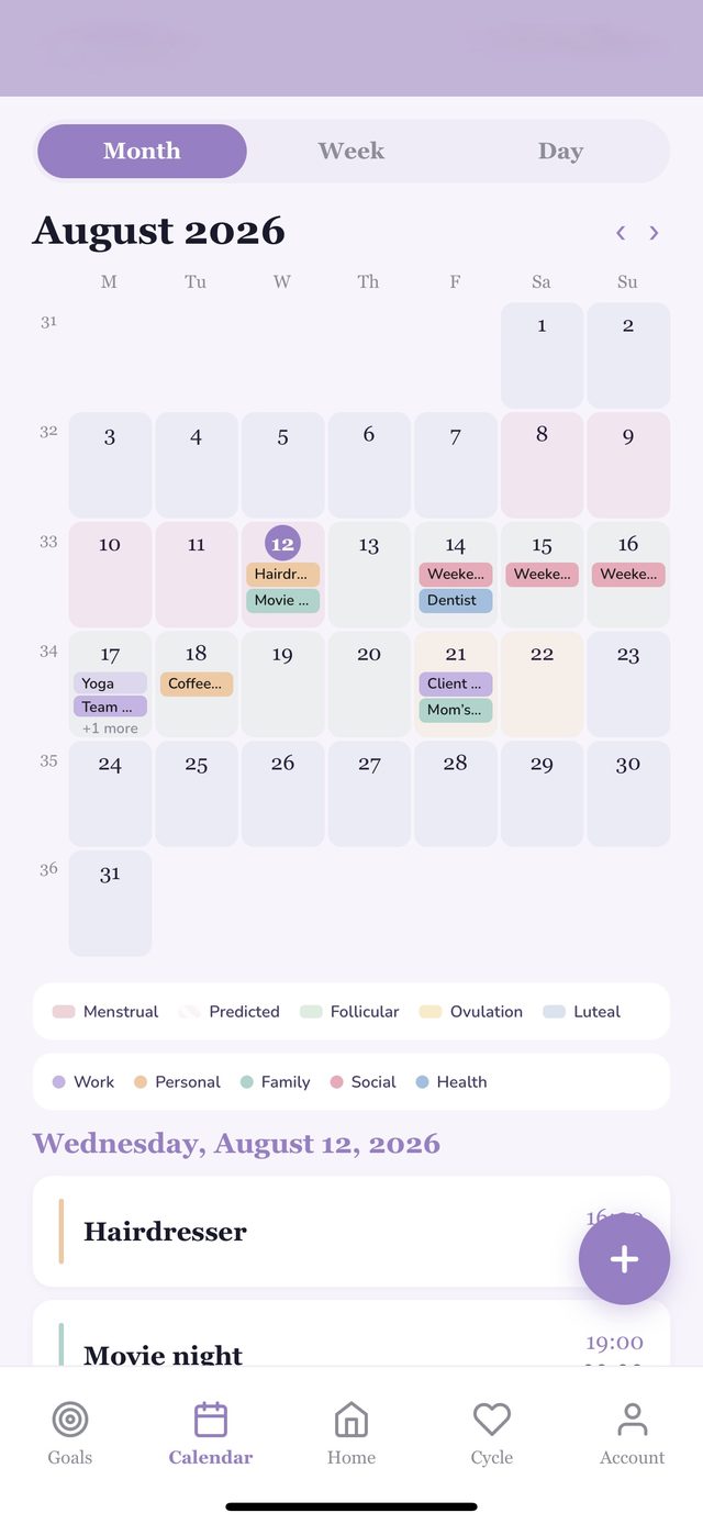 Agate month calendar with cycle phases overlaid on your events