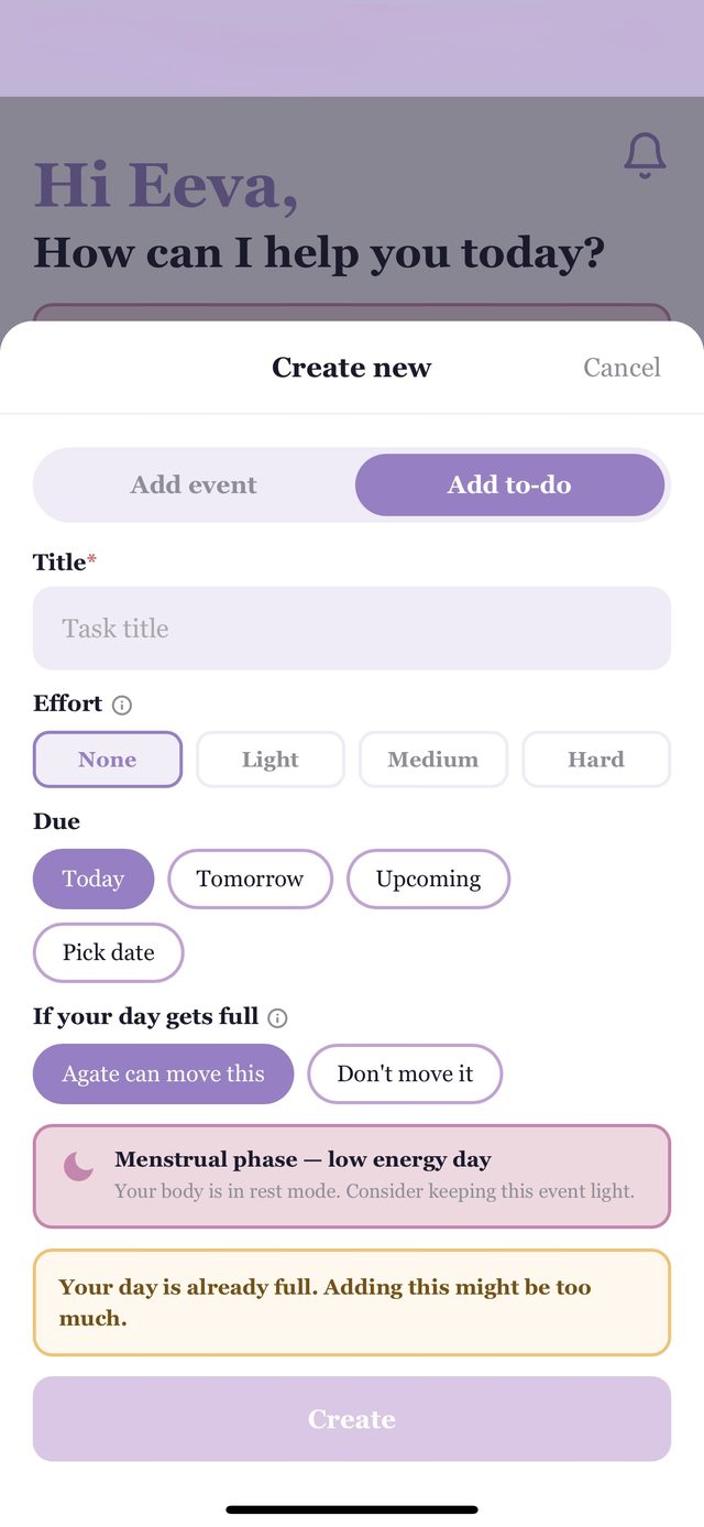 Agate create-new screen with effort tags, move-if-full option, and cycle-aware warnings